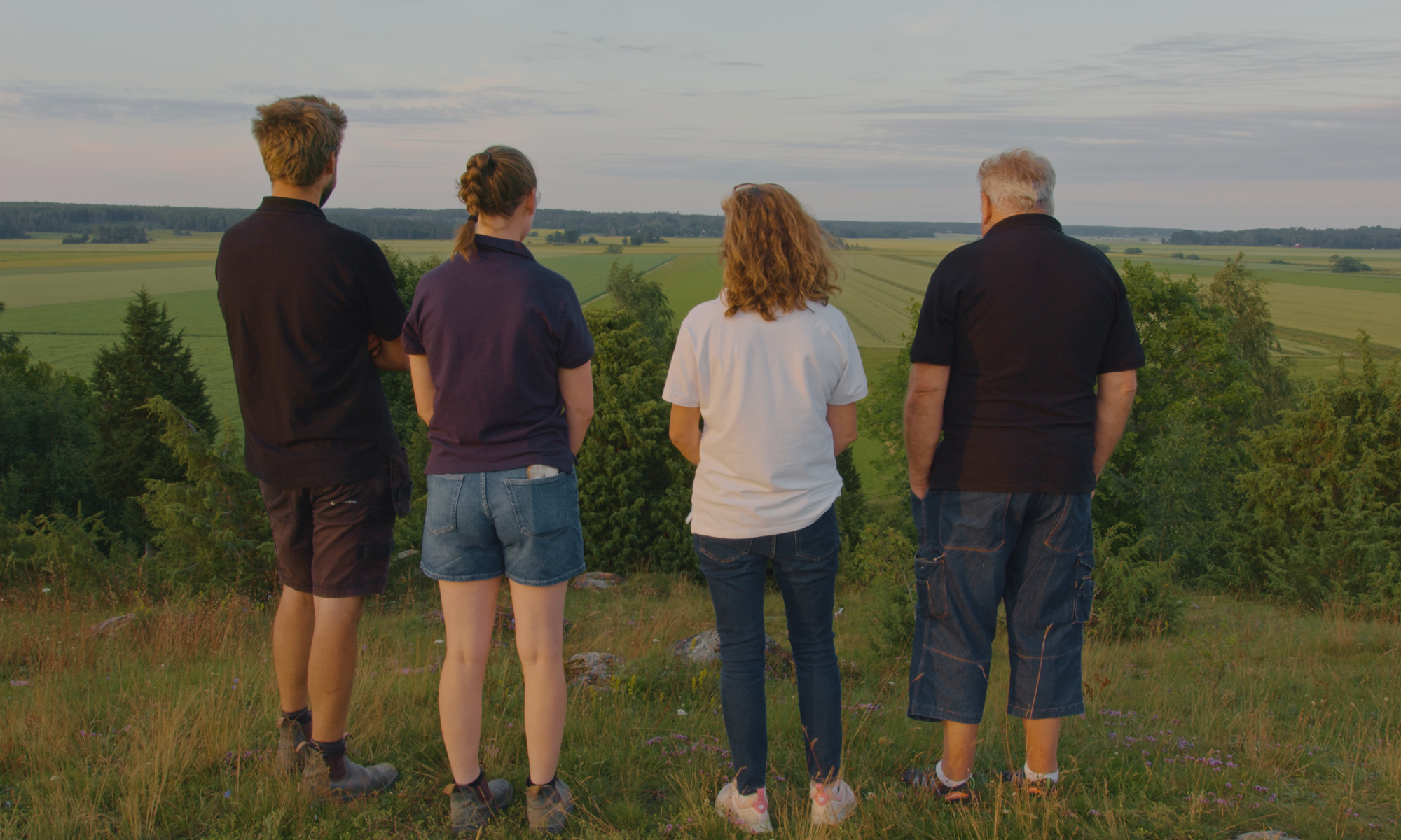 4 personer blickar ut över öppna fält