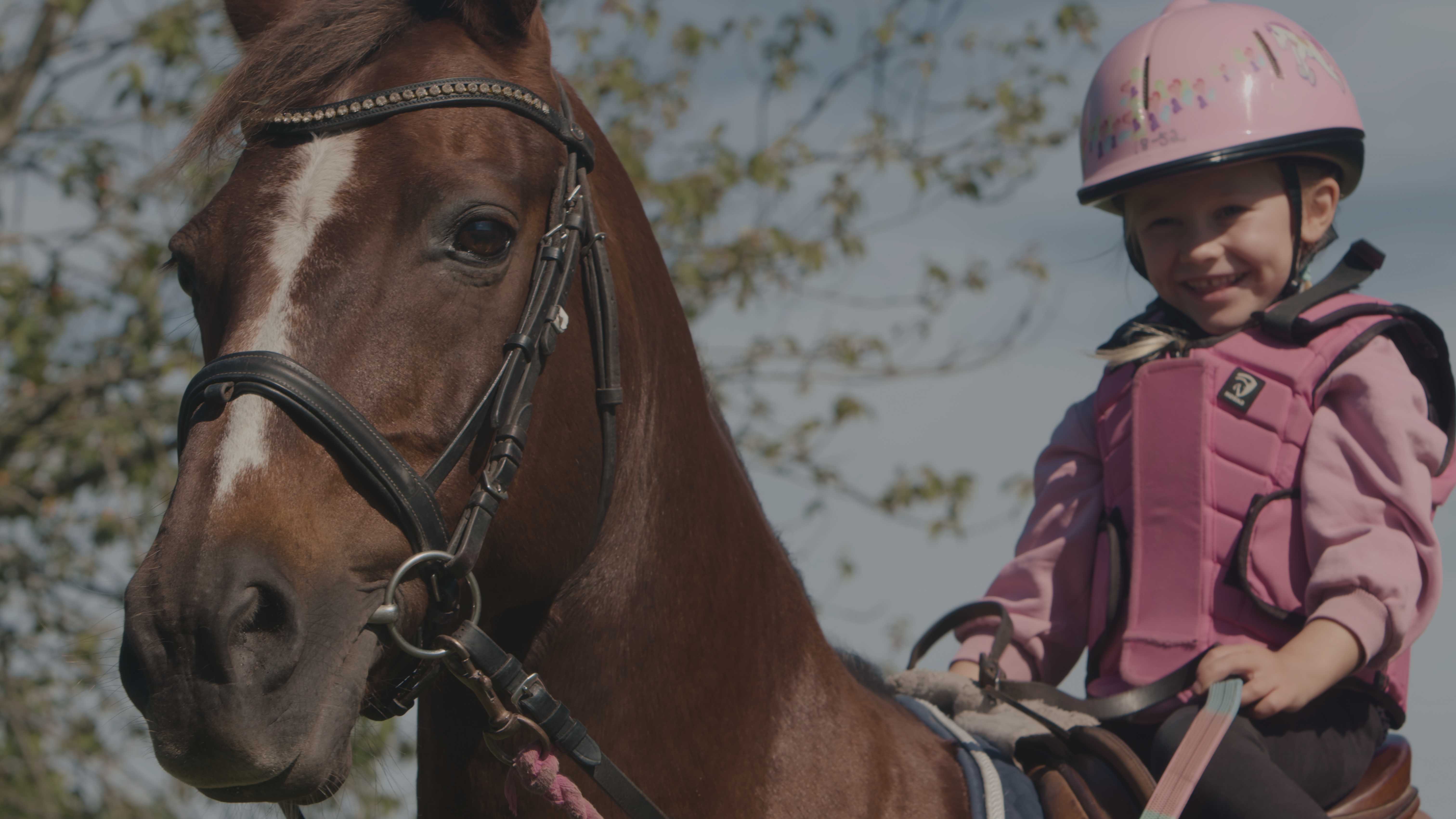 en flicka i rosa kläder sitter på en hästrygg
